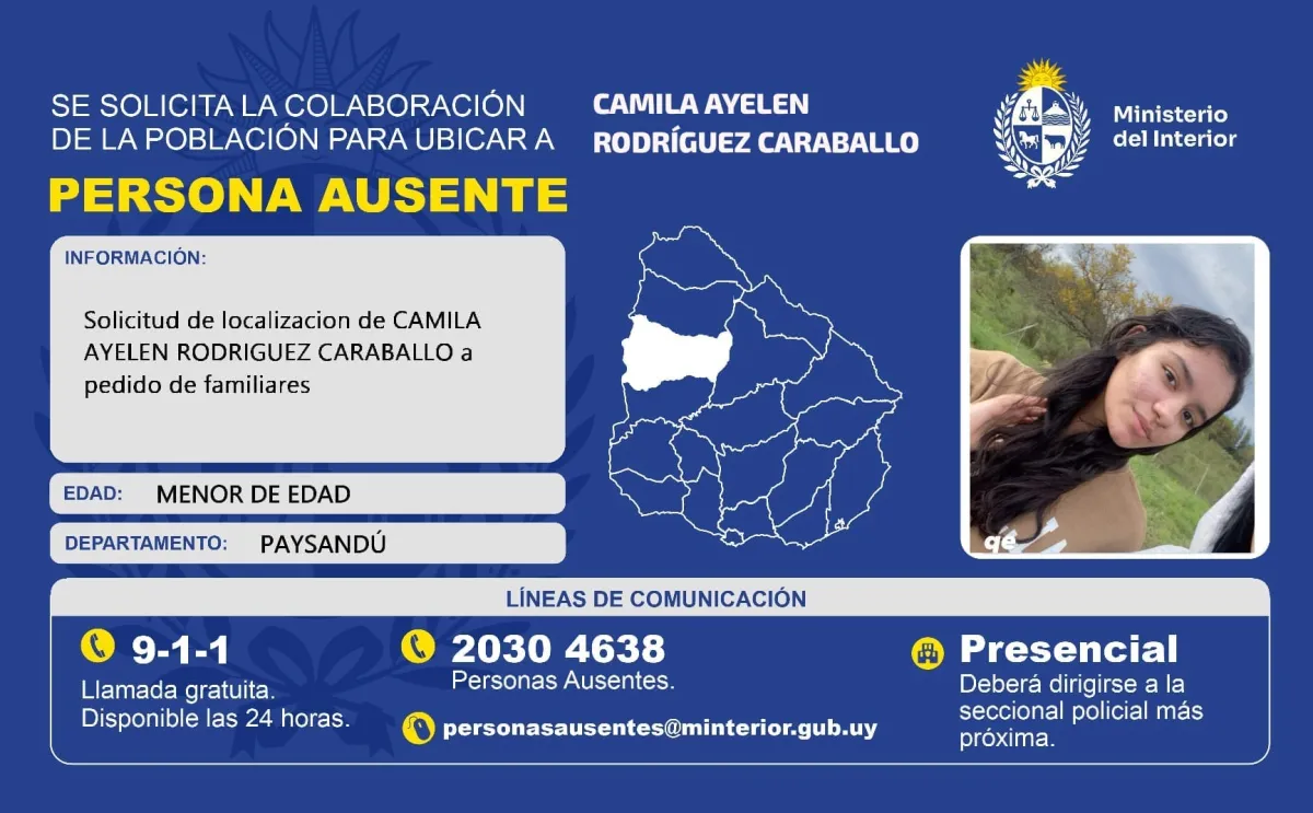 Foto sobre Buscan a Camila Ayelen Rodríguez Caraballo en Paysandú y solicitan ayuda para localizarla