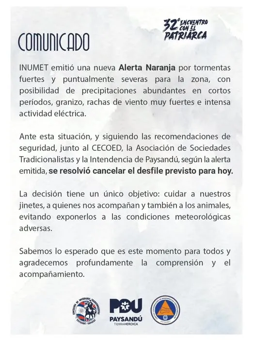 Foto sobre Alerta naranja en la Meseta: Cancelaron el desfile del Encuentro con el Patriarca por las tormentas