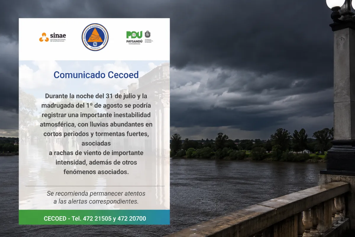 Foto sobre Alerta en Paysandú: CECOED advierte por tormentas fuertes, lluvias intensas y rachas de viento para las próximas horas