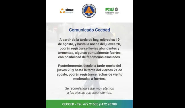 Foto sobre CECOED advierte a Paysandú: se esperan lluvias abundantes, tormentas fuertes y luego intensas rachas de viento