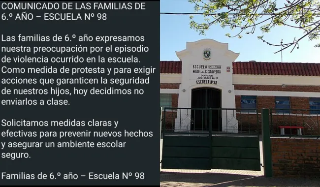 Foto sobre Familias de la Escuela Nº 98 emitieron un comunicado en solidaridad con la alumna agredida y reclaman medidas de seguridad