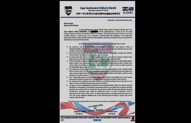 Foto sobre Polémica en el fútbol local: Liga Sanducera desafectó a un niño de la selección por una publicación de su padre y la familia reclama explicaciones